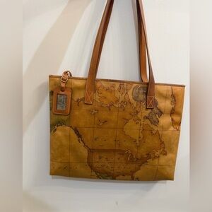 Alviero Martini 1A Classe Brown Geo Classic Map Print Tote Bag w Metal Tag